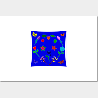 Scattered Flowers and Butterflies, blue background Posters and Art